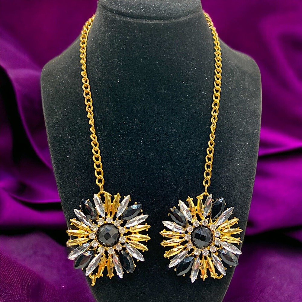 Black, Gold-Tone & Clear Rhinestones Daisy 1920s Style Open 18.5 Inch Necklace!